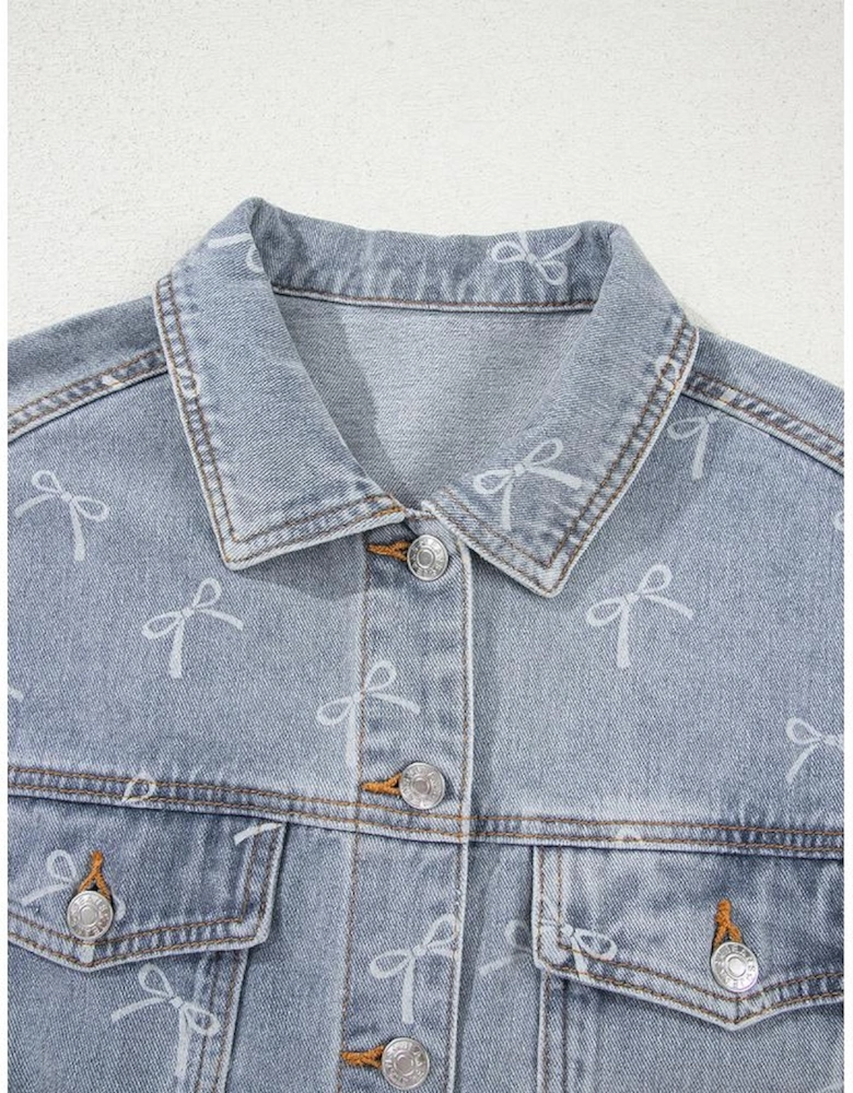 Sky Blue Bow Knot Print Light Wash Raw Hem Denim Jacket