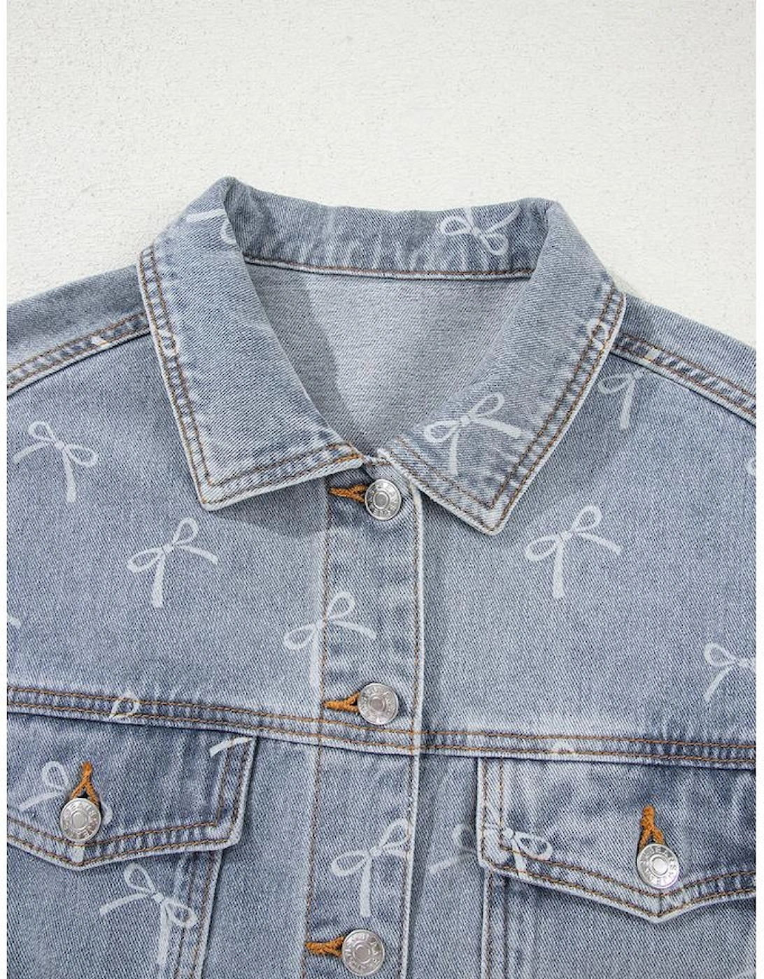 Sky Blue Bow Knot Print Light Wash Raw Hem Denim Jacket