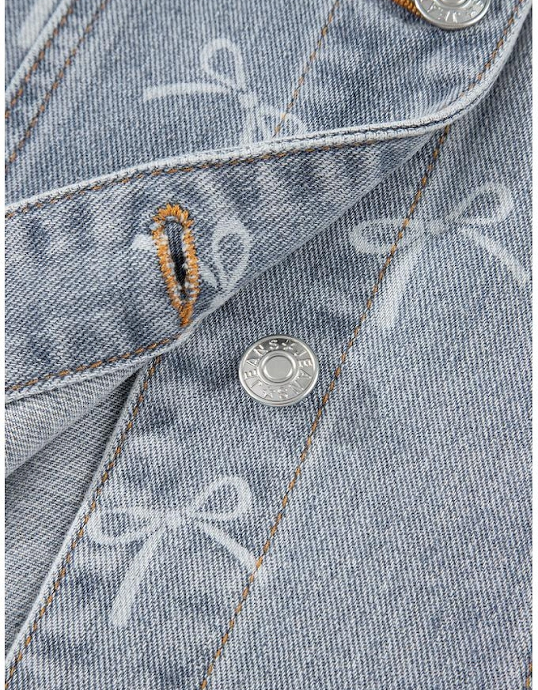 Sky Blue Bow Knot Print Light Wash Raw Hem Denim Jacket