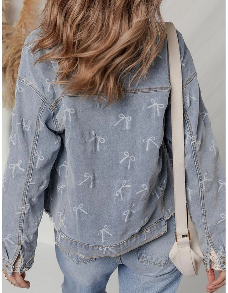 Sky Blue Bow Knot Print Light Wash Raw Hem Denim Jacket