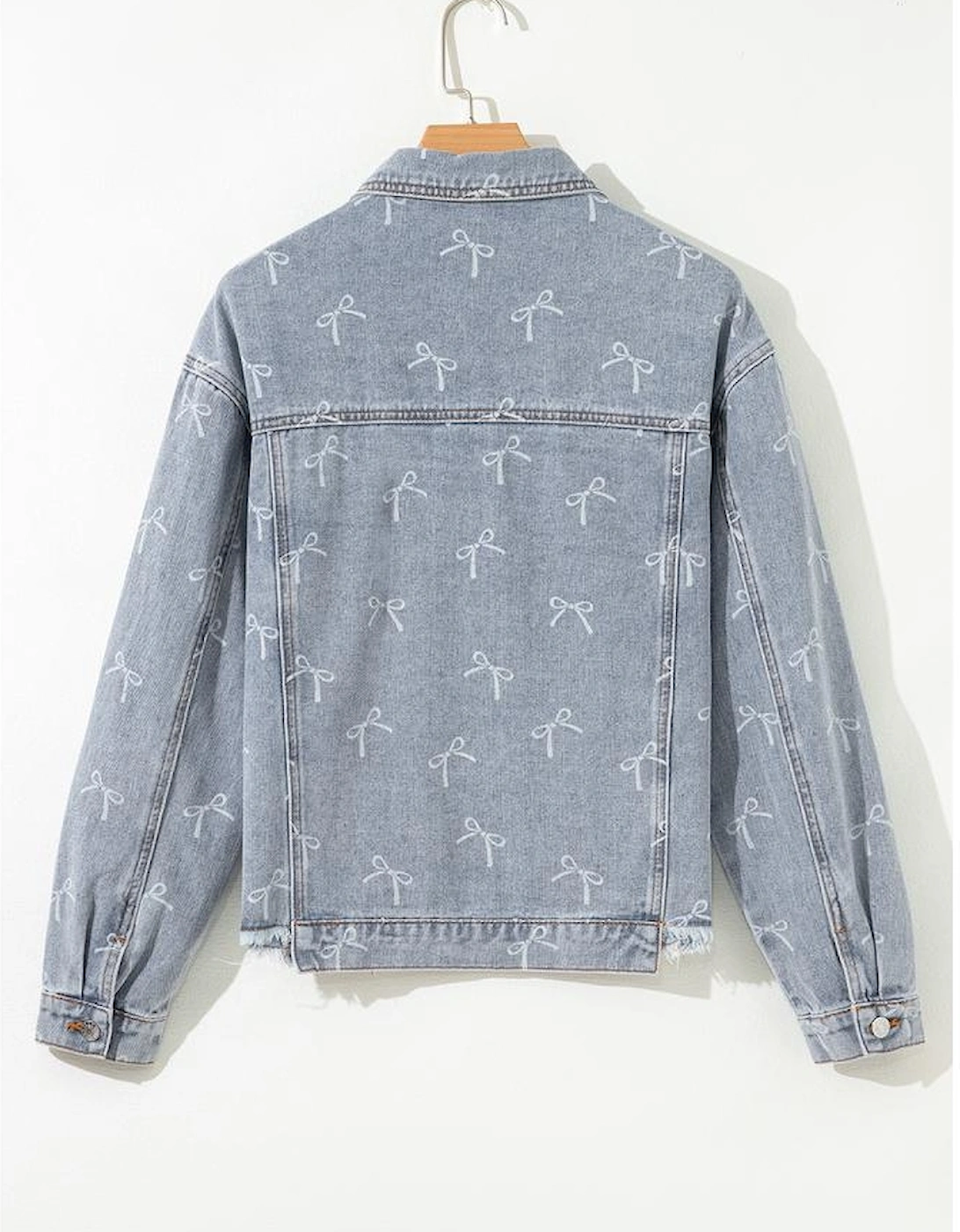 Sky Blue Bow Knot Print Light Wash Raw Hem Denim Jacket
