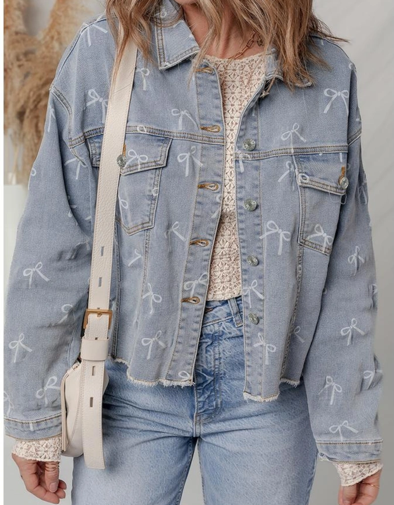 Sky Blue Bow Knot Print Light Wash Raw Hem Denim Jacket