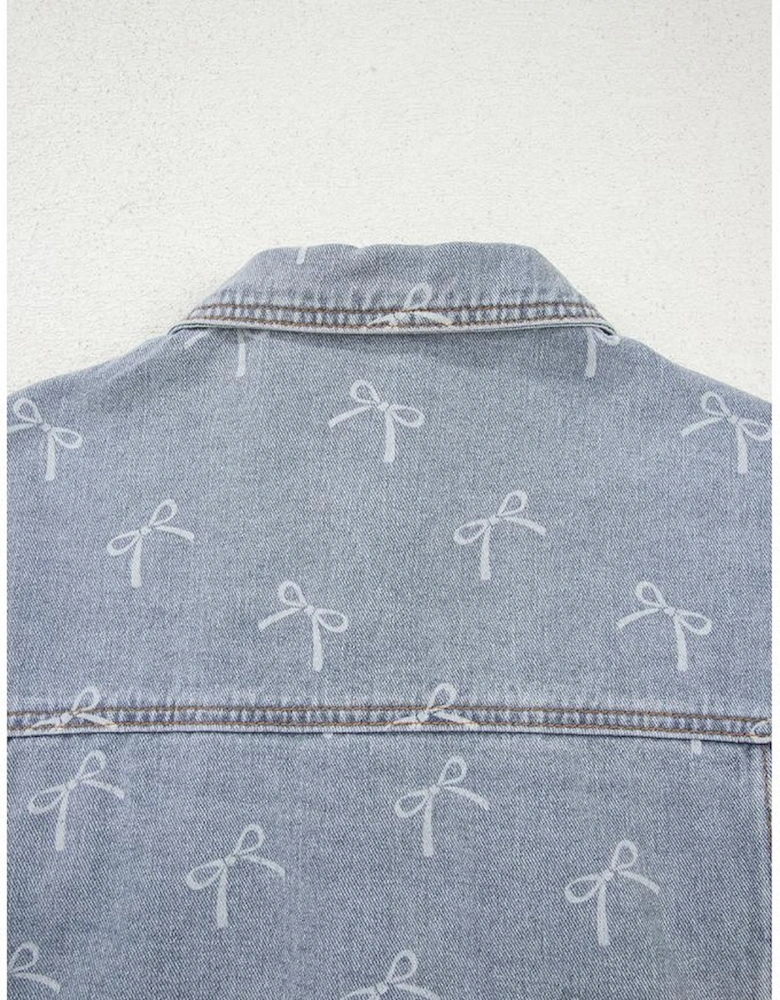 Sky Blue Bow Knot Print Light Wash Raw Hem Denim Jacket