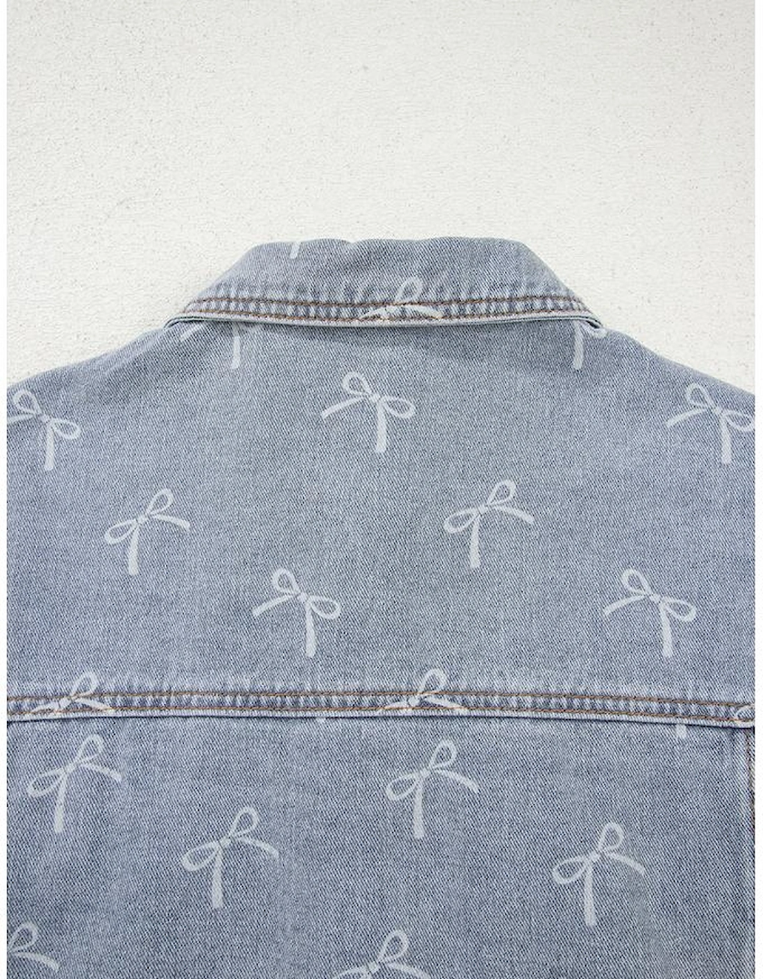 Sky Blue Bow Knot Print Light Wash Raw Hem Denim Jacket