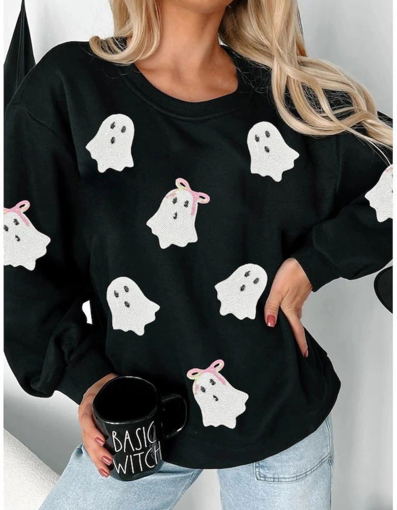Black Sequin Cute Bow Ghost Graphic Crew Neck Halloween Sweatshirt