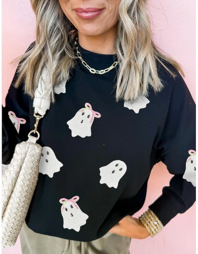 Black Sequin Cute Bow Ghost Graphic Crew Neck Halloween Sweatshirt