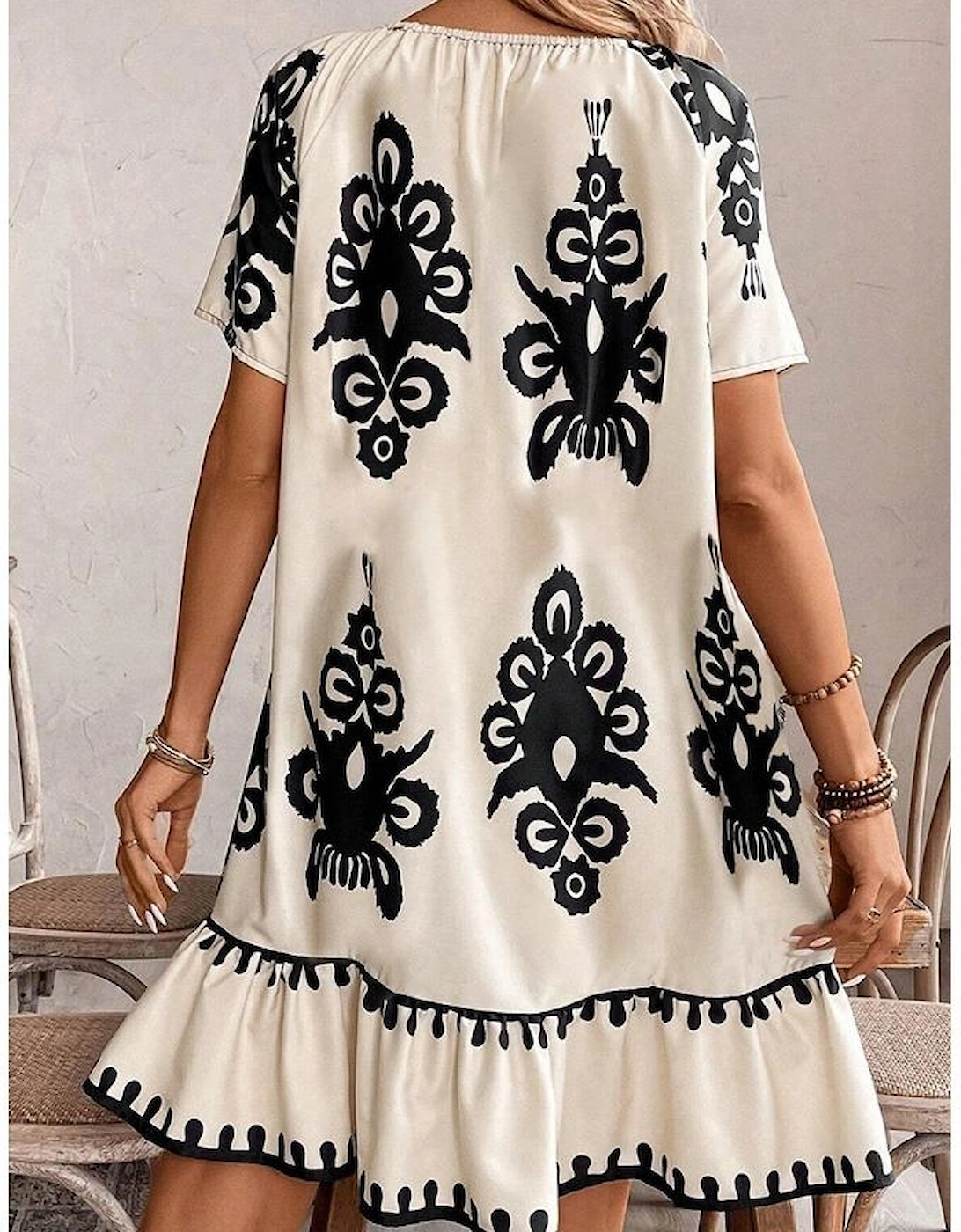 Apricot Western Print Ruffled Short Sleeve Loose Dress