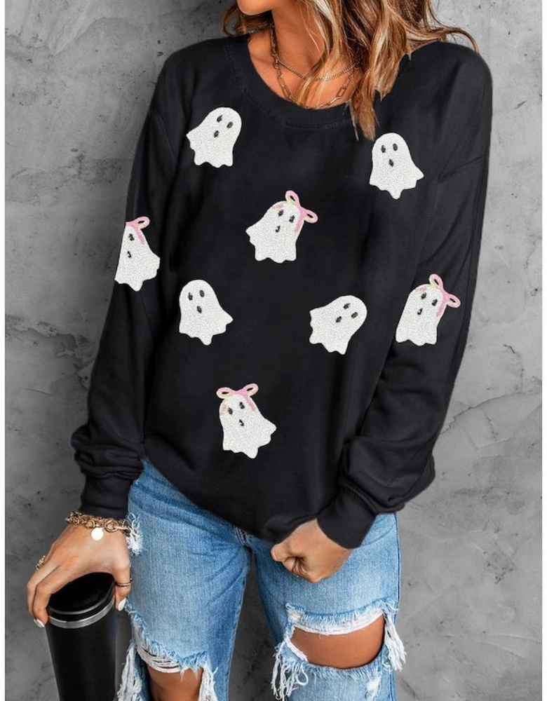 Black Sequin Cute Bow Ghost Graphic Crew Neck Halloween Sweatshirt