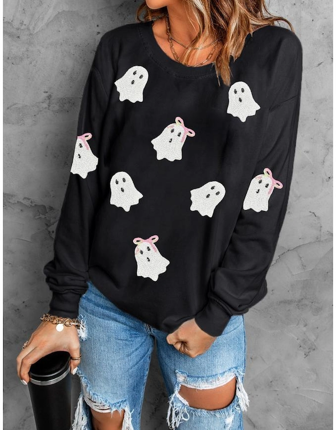 Black Sequin Cute Bow Ghost Graphic Crew Neck Halloween Sweatshirt