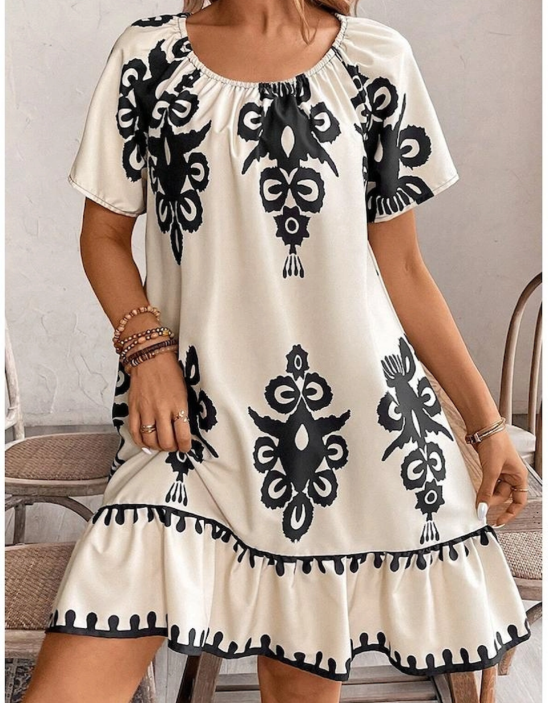 Apricot Western Print Ruffled Short Sleeve Loose Dress
