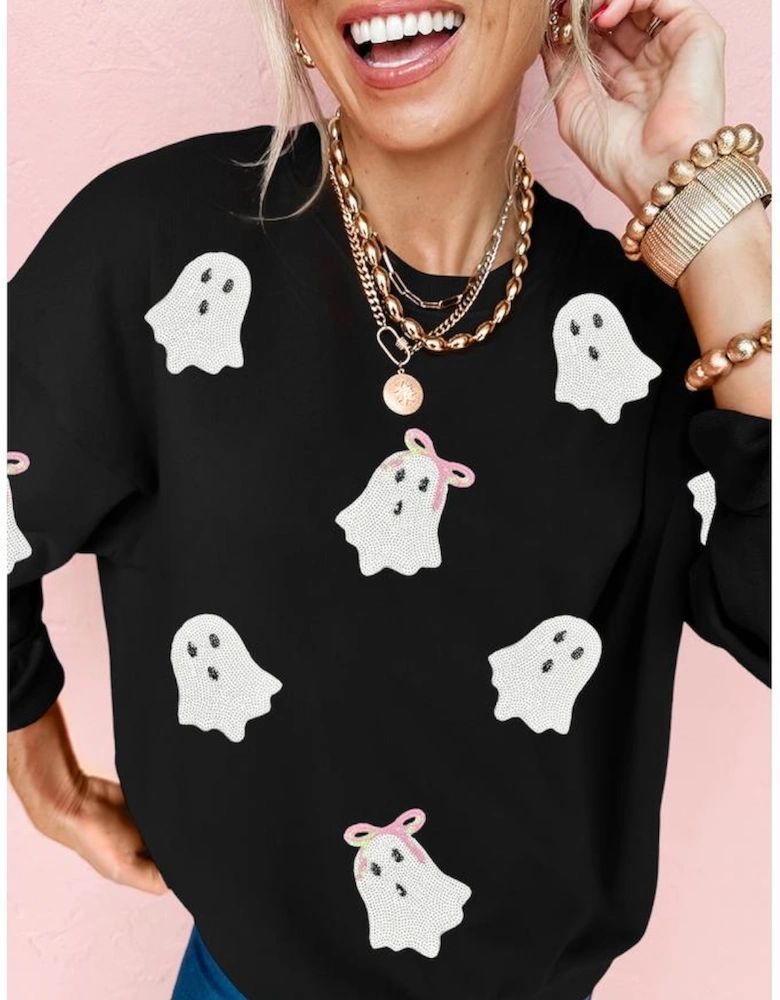 Black Sequin Cute Bow Ghost Graphic Crew Neck Halloween Sweatshirt