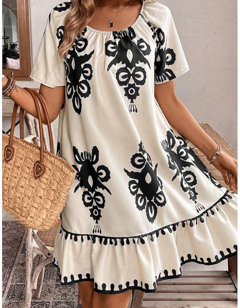 Apricot Western Print Ruffled Short Sleeve Loose Dress