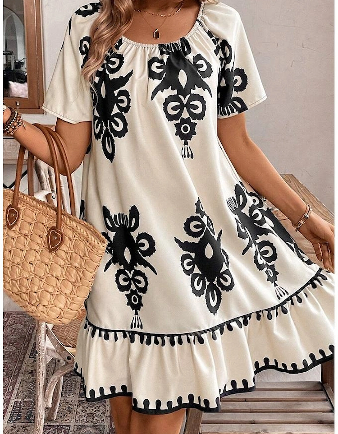 Apricot Western Print Ruffled Short Sleeve Loose Dress