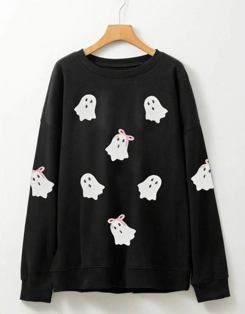 Black Sequin Cute Bow Ghost Graphic Crew Neck Halloween Sweatshirt