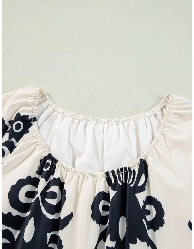 Apricot Western Print Ruffled Short Sleeve Loose Dress