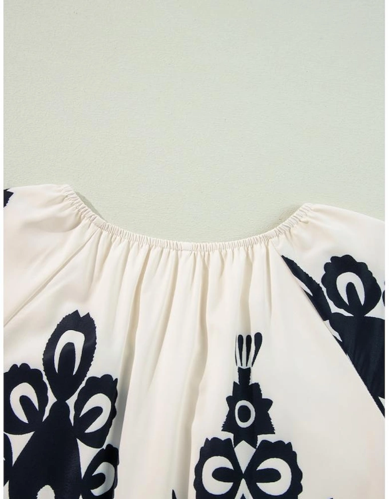 Apricot Western Print Ruffled Short Sleeve Loose Dress