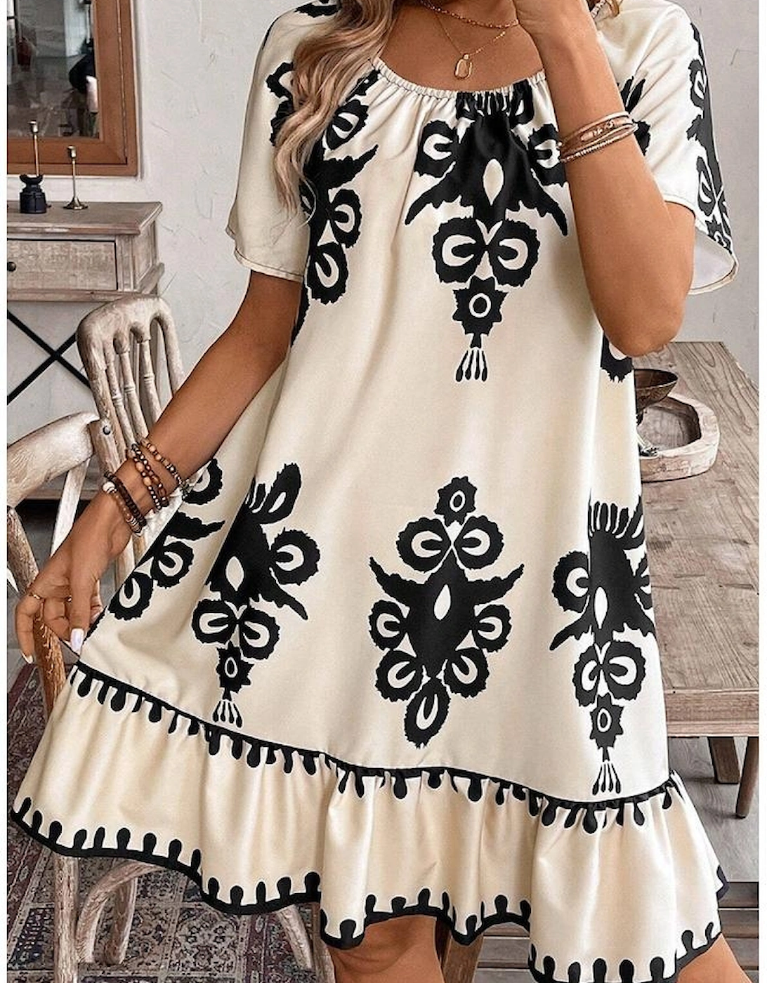 Apricot Western Print Ruffled Short Sleeve Loose Dress