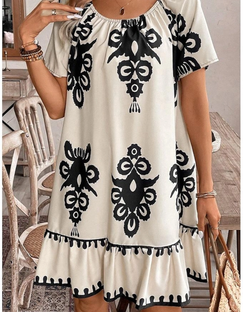 Apricot Western Print Ruffled Short Sleeve Loose Dress
