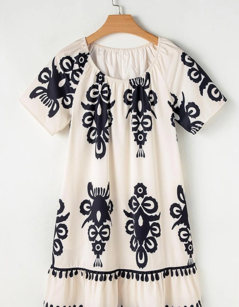 Apricot Western Print Ruffled Short Sleeve Loose Dress