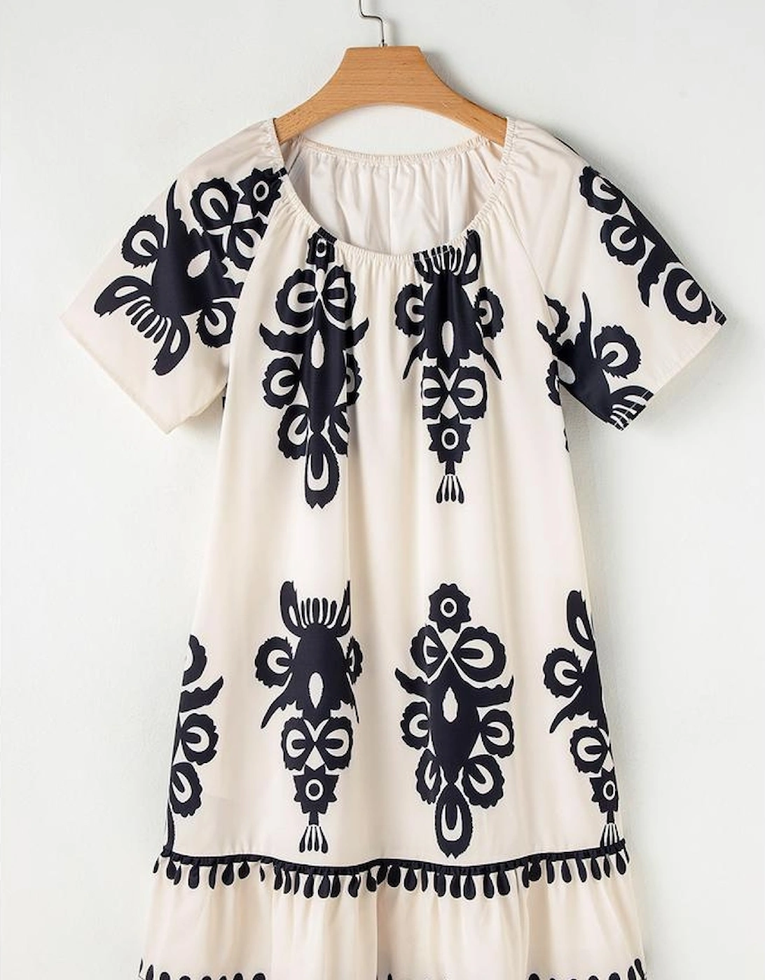 Apricot Western Print Ruffled Short Sleeve Loose Dress