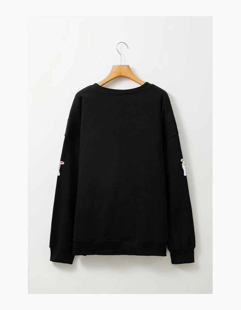 Black Sequin Cute Bow Ghost Graphic Crew Neck Halloween Sweatshirt