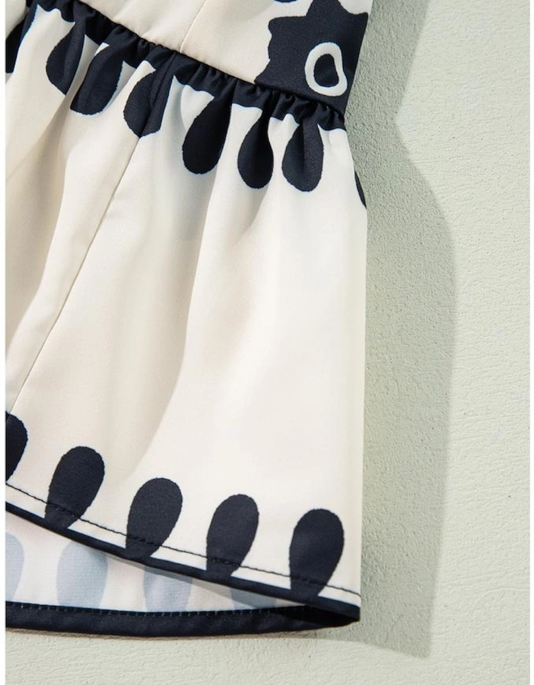 Apricot Western Print Ruffled Short Sleeve Loose Dress