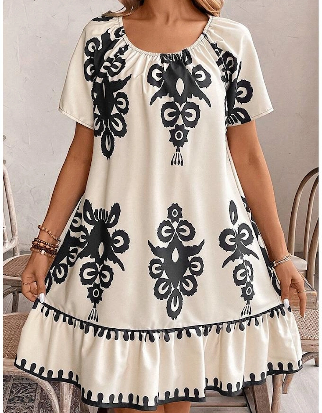 Apricot Western Print Ruffled Short Sleeve Loose Dress