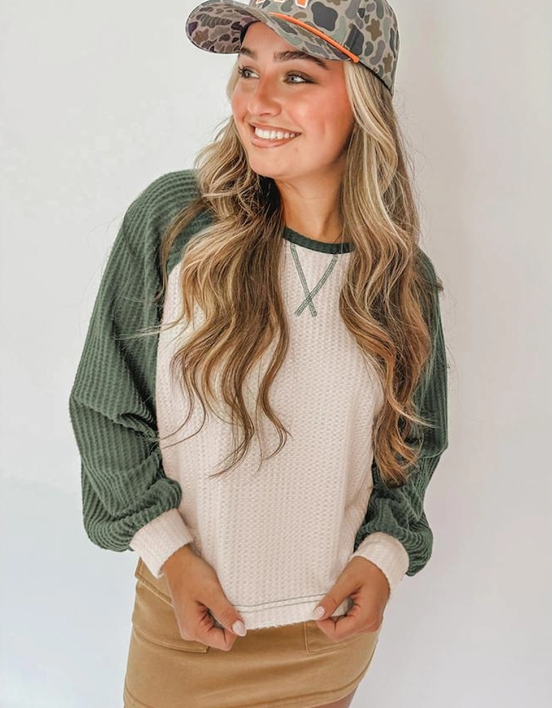 Mist Green Waffle Color Block Raglan Sleeve Top