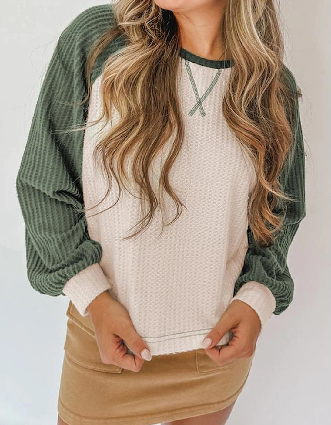 Mist Green Waffle Color Block Raglan Sleeve Top