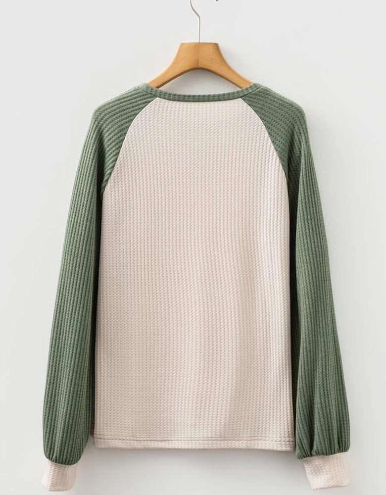 Mist Green Waffle Color Block Raglan Sleeve Top