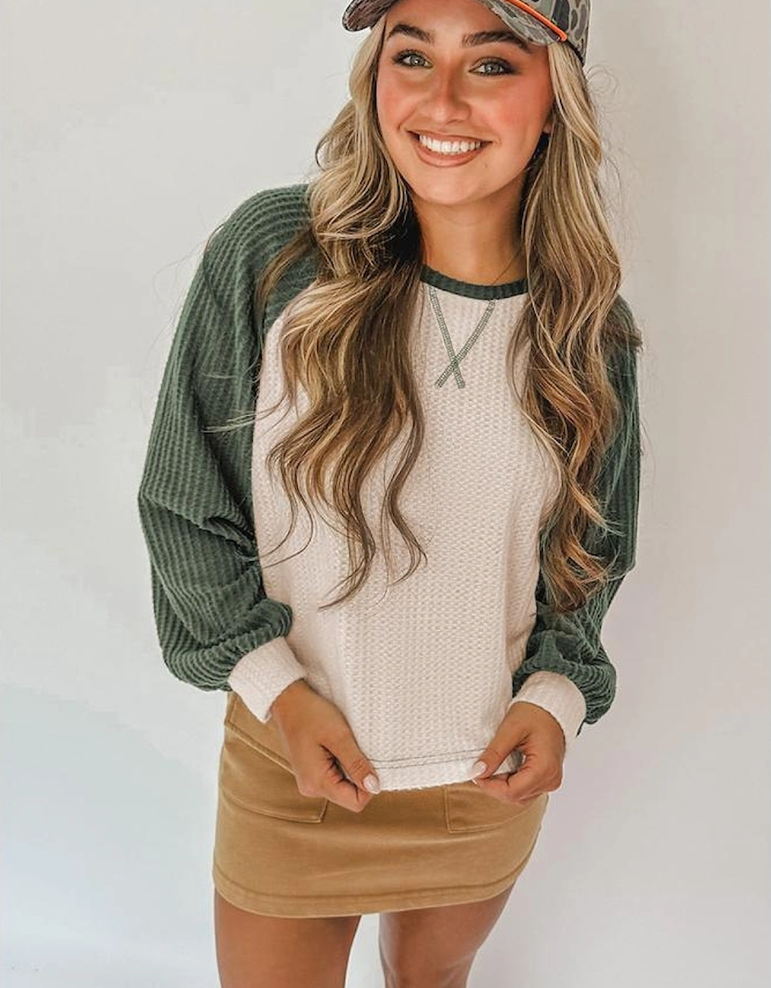 Mist Green Waffle Color Block Raglan Sleeve Top, 11 of 10