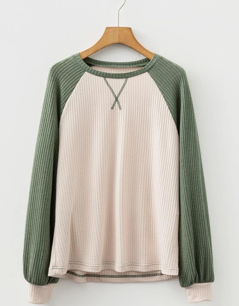 Mist Green Waffle Color Block Raglan Sleeve Top