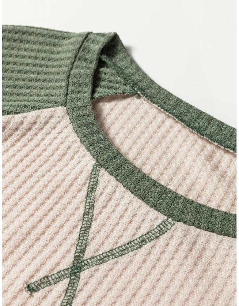 Mist Green Waffle Color Block Raglan Sleeve Top