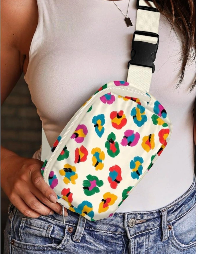 Beige Colorful Leopard Print Buckle Strap Crossbody Bag