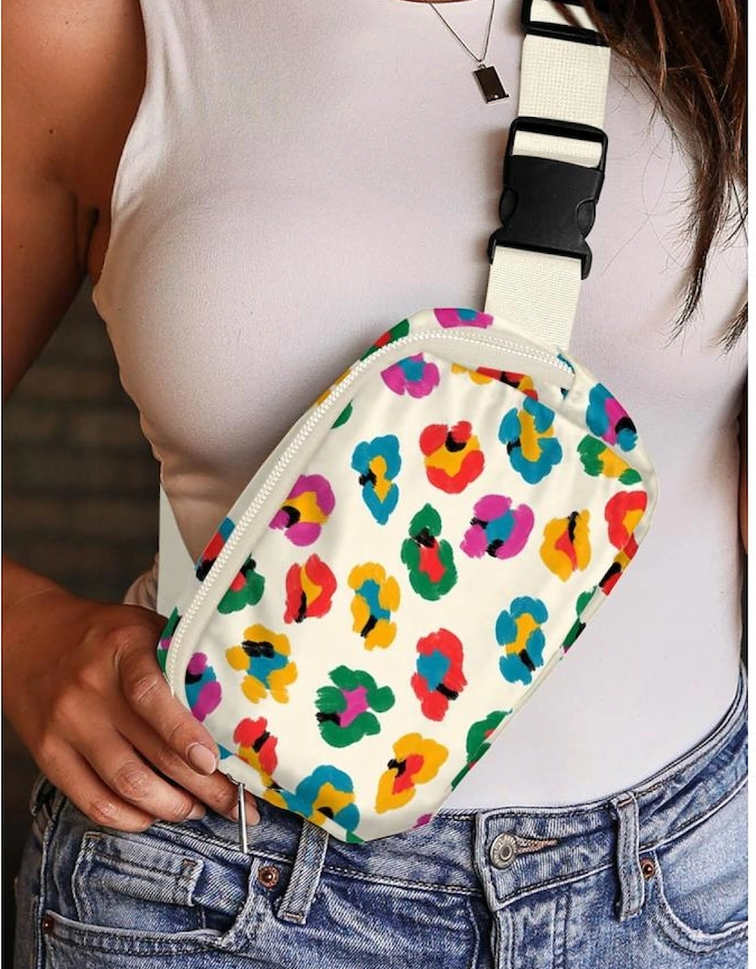 Beige Colorful Leopard Print Buckle Strap Crossbody Bag