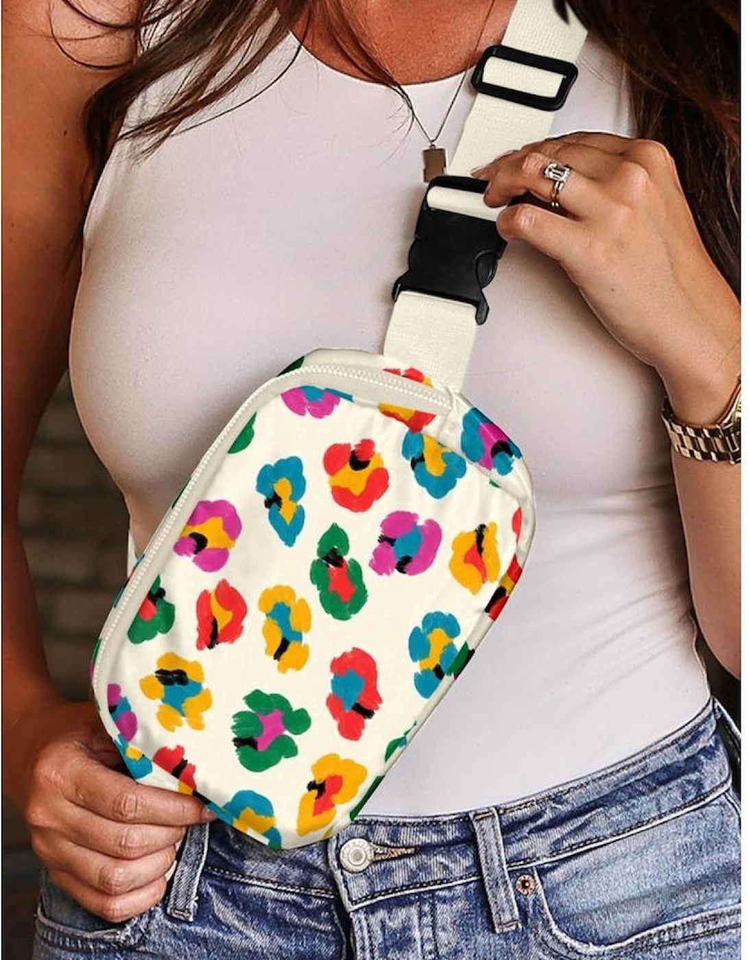 Beige Colorful Leopard Print Buckle Strap Crossbody Bag