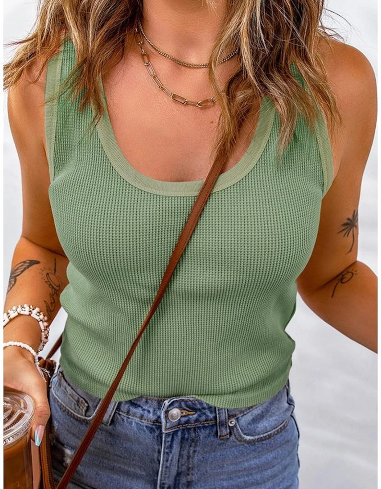 Green Plain Waffle Knit U Neck Tank Top