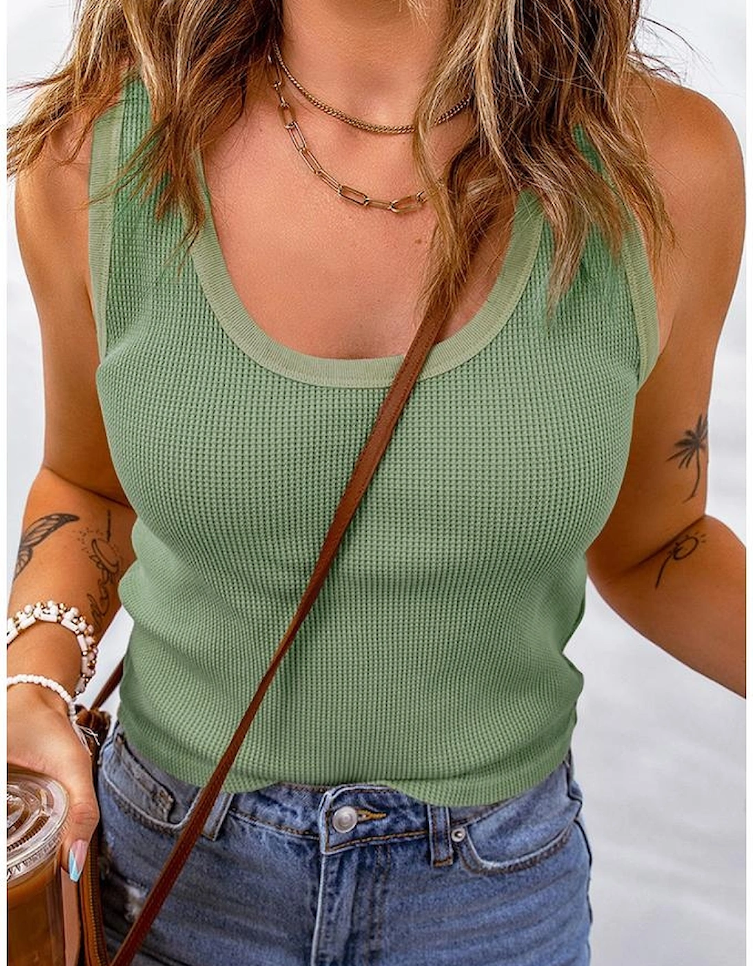 Green Plain Waffle Knit U Neck Tank Top