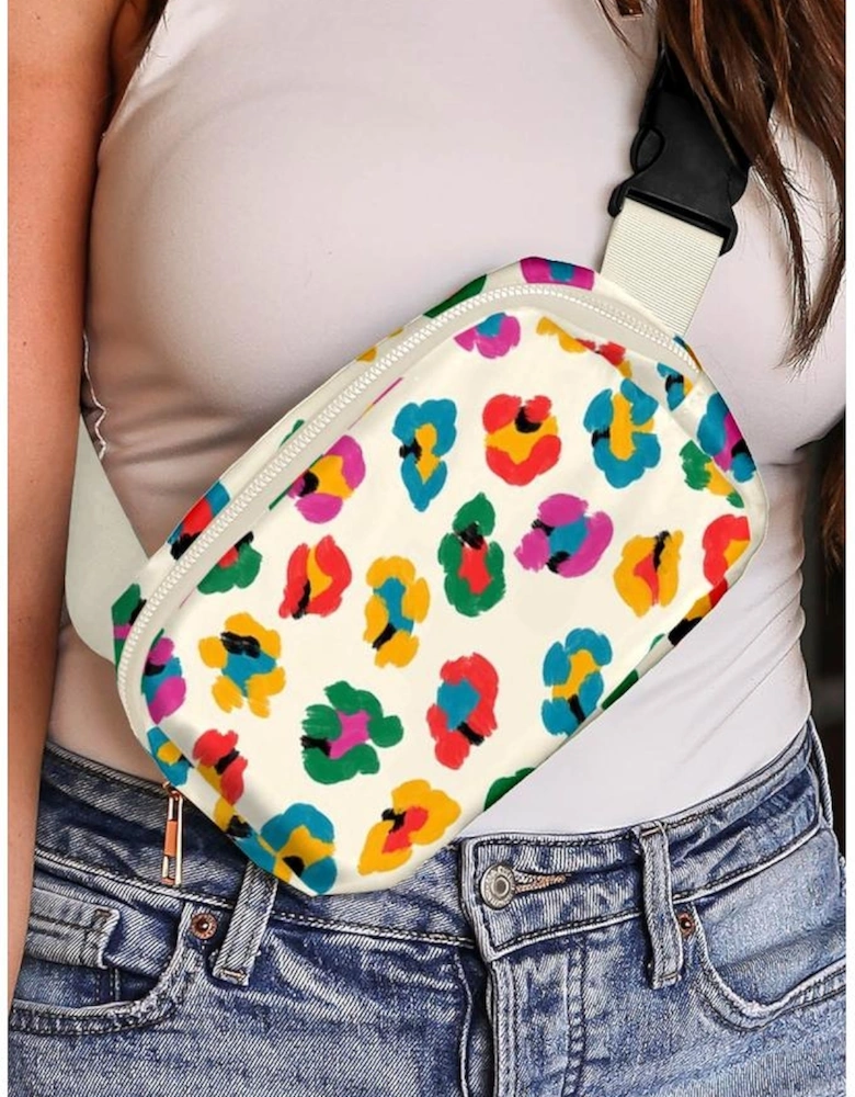 Beige Colorful Leopard Print Buckle Strap Crossbody Bag