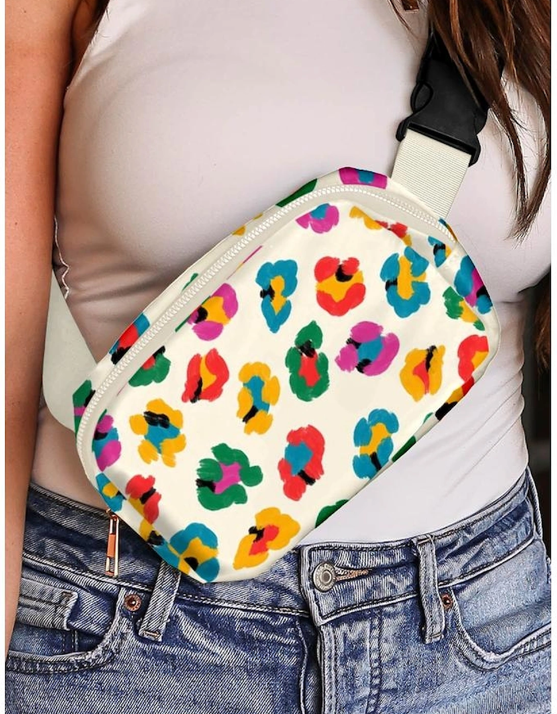 Beige Colorful Leopard Print Buckle Strap Crossbody Bag