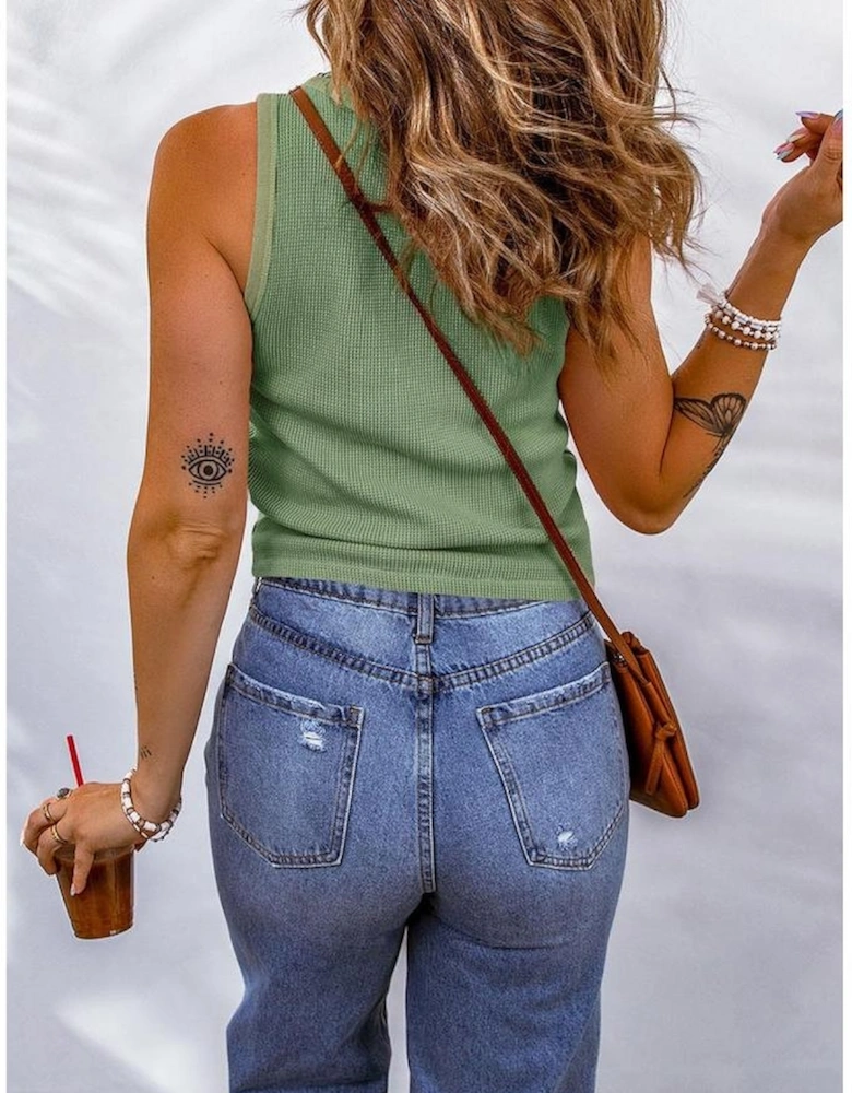 Green Plain Waffle Knit U Neck Tank Top
