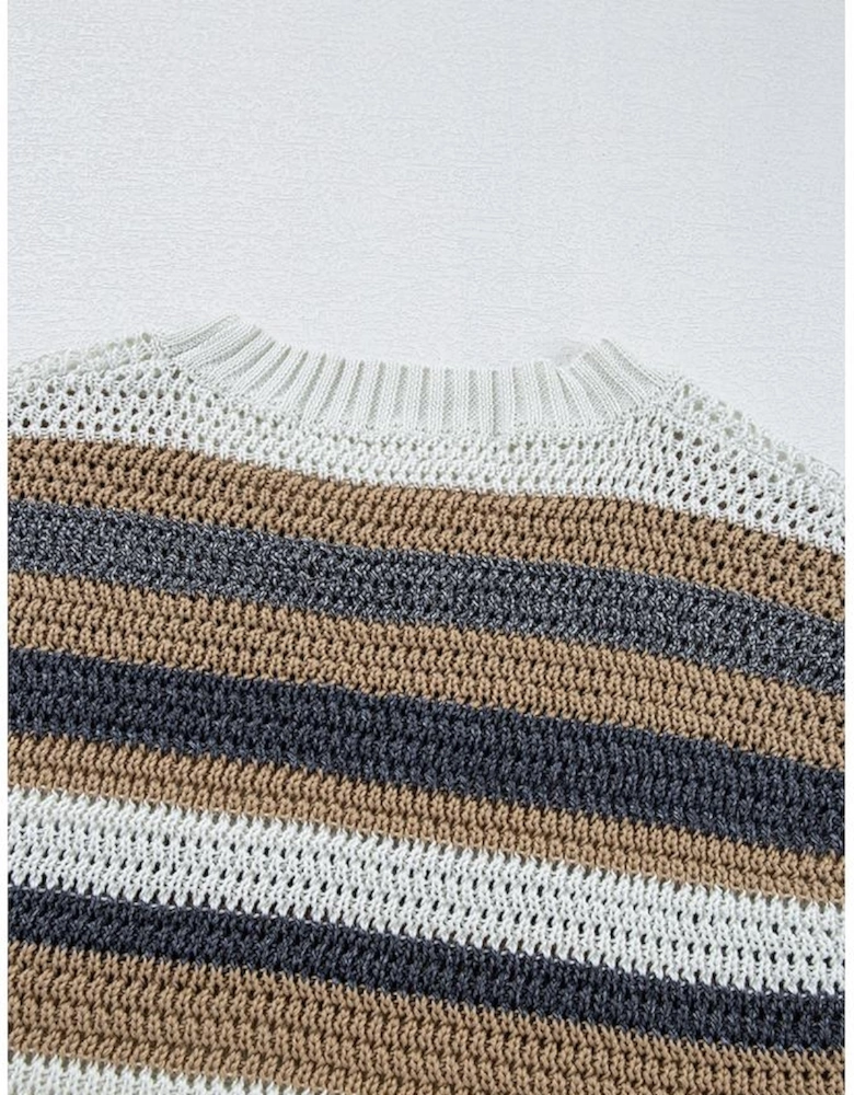 Pink Stripe Color Block Eyelet Knit Short Sleeve Sweater Tee