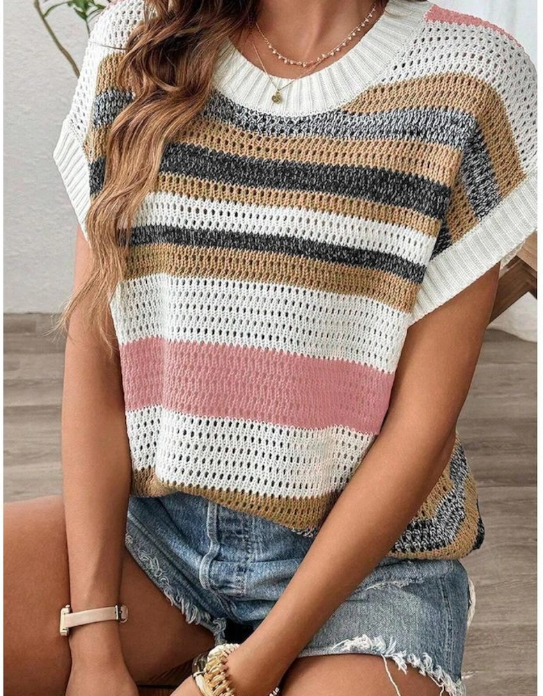 Pink Stripe Color Block Eyelet Knit Short Sleeve Sweater Tee