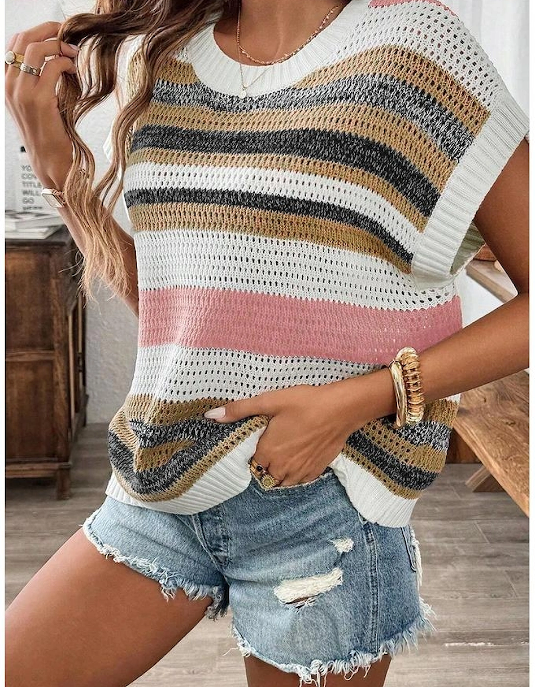 Pink Stripe Color Block Eyelet Knit Short Sleeve Sweater Tee