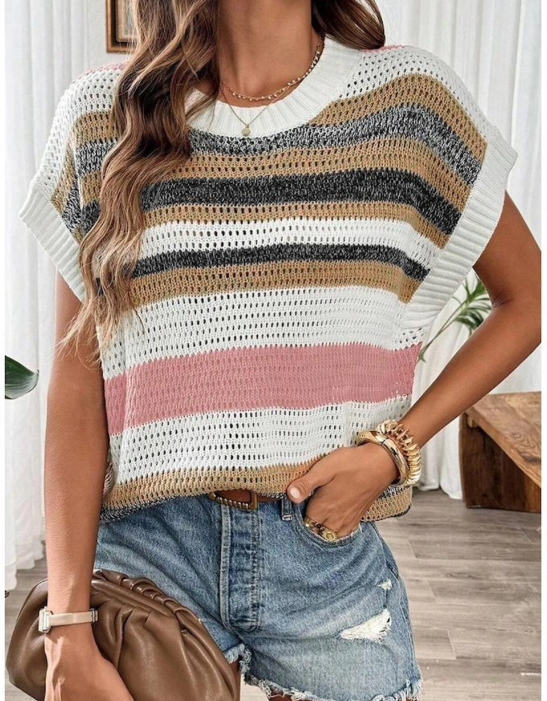 Pink Stripe Color Block Eyelet Knit Short Sleeve Sweater Tee, 14 of 13