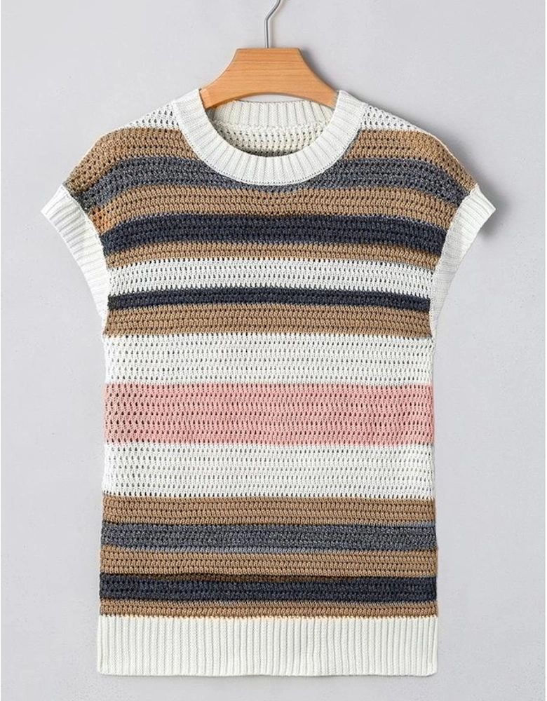 Pink Stripe Color Block Eyelet Knit Short Sleeve Sweater Tee