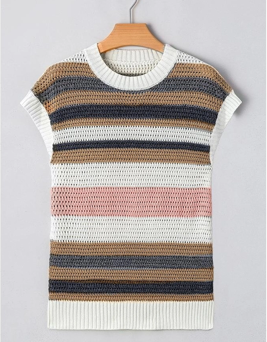 Pink Stripe Color Block Eyelet Knit Short Sleeve Sweater Tee