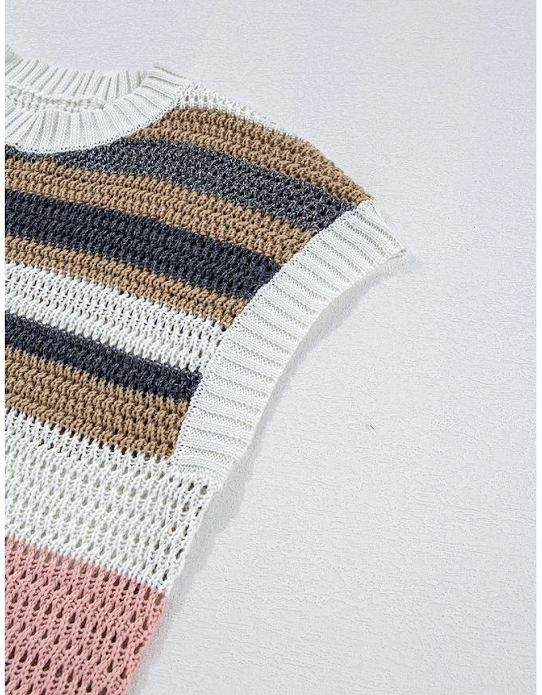 Pink Stripe Color Block Eyelet Knit Short Sleeve Sweater Tee
