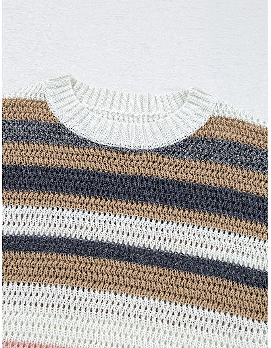 Pink Stripe Color Block Eyelet Knit Short Sleeve Sweater Tee