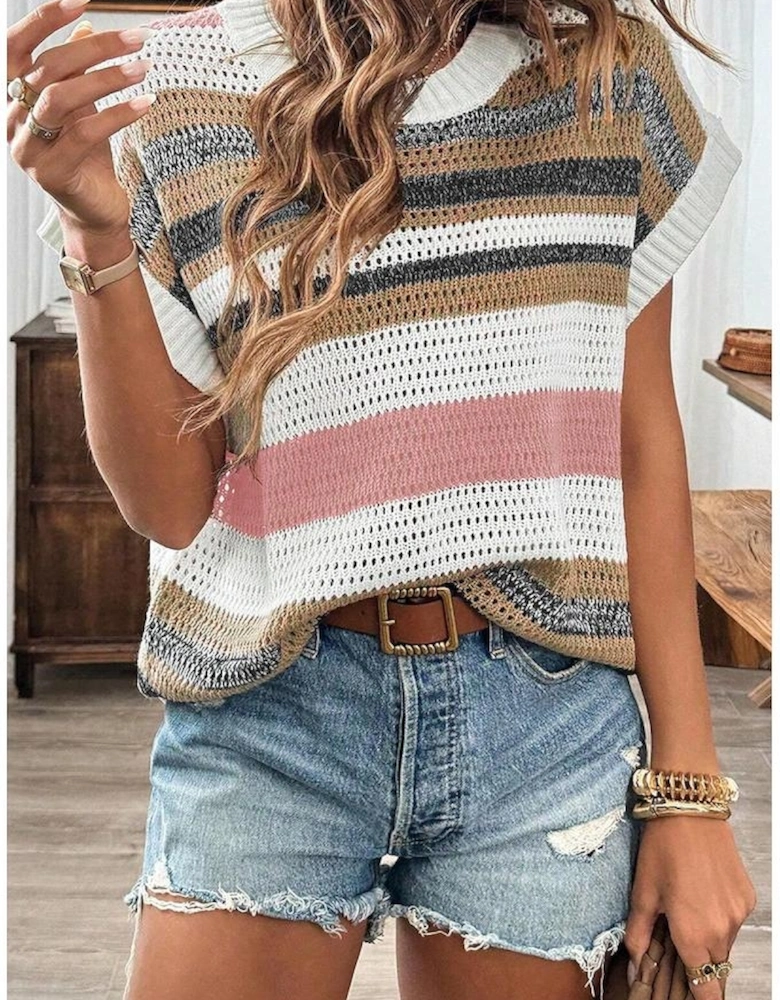 Pink Stripe Color Block Eyelet Knit Short Sleeve Sweater Tee